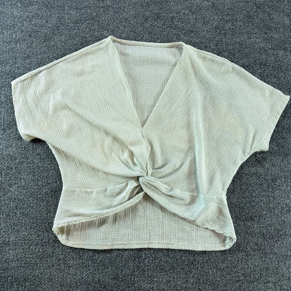 Sage Green Crinkle Gauze Twist Front V-Neck Crop Top Short Sleeve Dolman Small